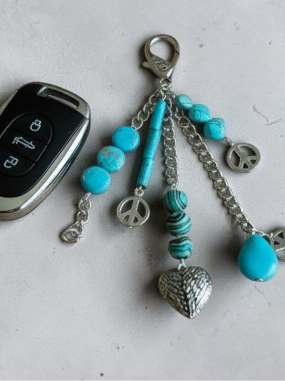 HAND CRAFTED TURQUOISE PEACE & ANGEL WINGS BAG CHARM Boho Purse Clip Key Ring